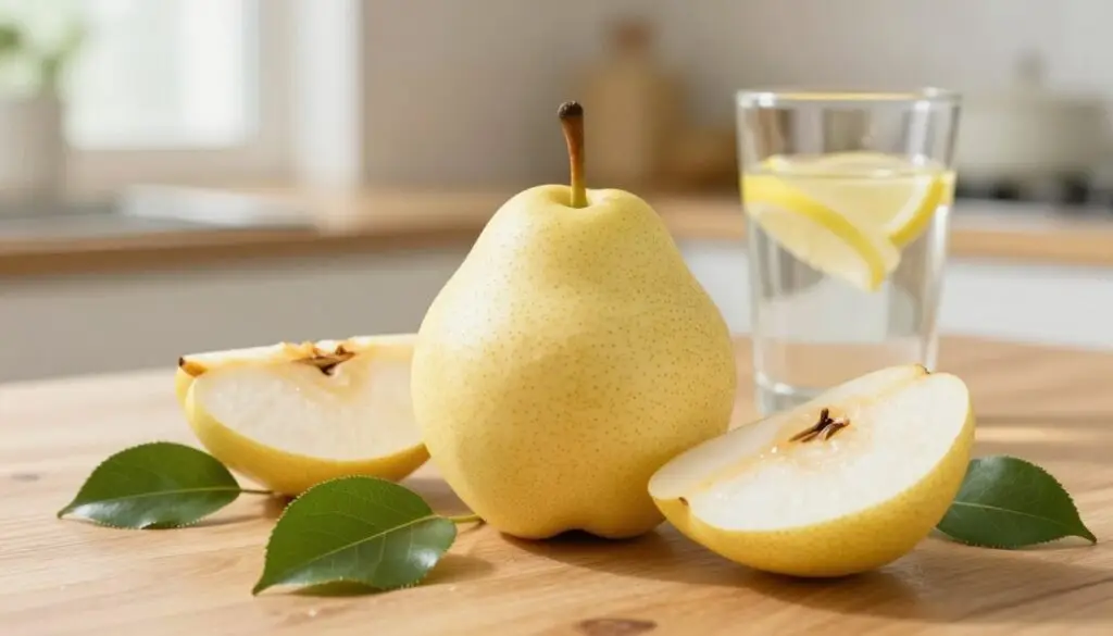 A beautifully arranged still life of a ripe pear sitting on a wooden table, surrounded by vibrant green leaves and slices of the fruit, showcasing its juicy texture and smooth skin. In the background, a softly blurred kitchen setting with natural light filtering through a window, creating a warm and inviting atmosphere. The pear is the focal point, illuminated with soft, diffused light to highlight its health benefits. A glass of water with lemon slices is placed nearby, symbolizing hydration and wellness. The overall mood is fresh and organic, emphasizing the nutritious qualities of the pear, ideal for an article about its health properties. A beautifully arranged still life of a ripe pear sitting on a wooden table, surrounded by vibrant green leaves and slices of the fruit, showcasing its juicy texture and smooth skin. In the background, a softly blurred kitchen setting with natural light filtering through a window, creating a warm and inviting atmosphere. The pear is the focal point, illuminated with soft, diffused light to highlight its health benefits. A glass of water with lemon slices is placed nearby, symbolizing hydration and wellness. The overall mood is fresh and organic, emphasizing the nutritious qualities of the pear, ideal for an article about its health properties.