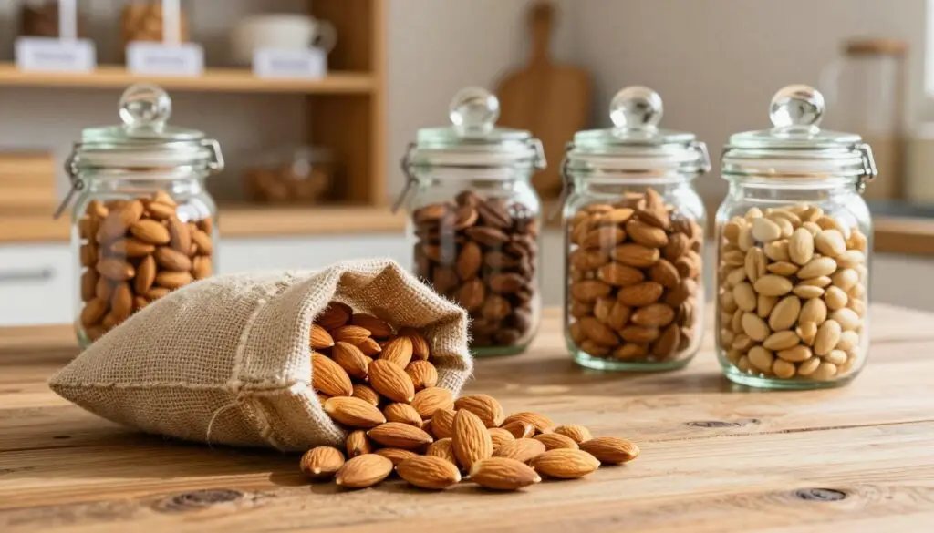 A beautifully arranged still life showcasing almonds and their storage, with a focus on quality selection and proper preservation. In the foreground, a burlap sack spilling fresh, unblemished almonds onto a rustic wooden table. In the middle ground, elegant glass jars with airtight lids display various almond varieties, including roasted and raw, reflecting light softly. The background features a warm kitchen setting with wooden shelves, adorned with labels indicating storage tips like humidity and freshness. Natural sunlight filters in, creating a cozy, inviting atmosphere. The scene emphasizes the importance of careful selection and storage of almonds, with a harmonious blend of textures and colors. The lens captures the details crisply, highlighting the almonds' sheen and the rustic charm of the surroundings.