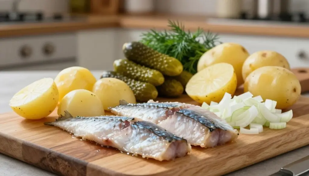 A beautifully arranged still life showcasing the ingredients for Sledziowa salad with potatoes, inspired by Magda Gessler. In the foreground, display fresh herring fillets, boiled and diced potatoes, and finely chopped onions, all artistically positioned on a rustic wooden cutting board. In the middle ground, include vibrant green pickles and a handful of fresh dill, enhancing the visual appeal. The background features a softly blurred kitchen setting with warm, natural lighting that creates a cozy atmosphere. Capture the scene from a slightly elevated angle to highlight the textures and colors of the ingredients, evoking a sense of delicious home-cooked comfort. The mood should be inviting and warm, perfect for a culinary article.