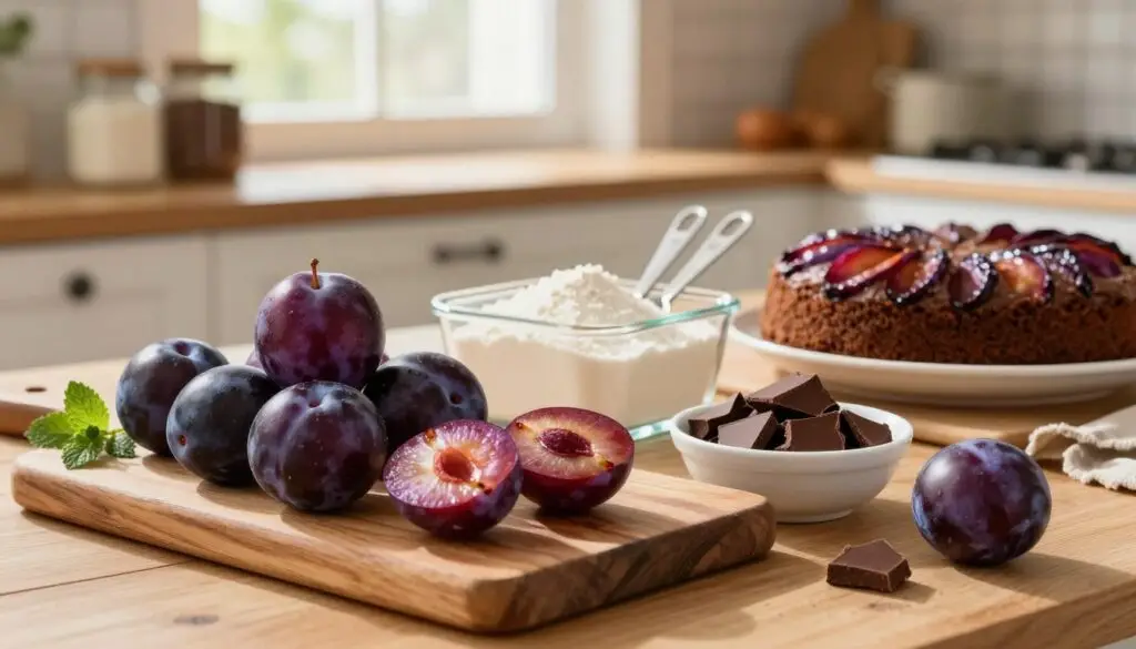 A beautifully arranged table featuring the ingredients for a chocolate plum cake, inspired by a traditional recipe. In the foreground, a rustic wooden cutting board holds fresh, ripe plums, some sliced to reveal their vibrant purple flesh, alongside a small bowl of rich dark chocolate chunks. In the middle, a glass container showcases ingredients like flour, sugar, and eggs, elegantly presented with measuring spoons beside it. The background features a softly lit kitchen with warm, natural light streaming in through a window, highlighting a few decorative jars and a sprig of mint for garnish. The mood is inviting and homely, suggesting the warmth of baking and family traditions. Focus on a warm color palette to enhance the comforting atmosphere. A beautifully arranged table featuring the ingredients for a chocolate plum cake, inspired by a traditional recipe. In the foreground, a rustic wooden cutting board holds fresh, ripe plums, some sliced to reveal their vibrant purple flesh, alongside a small bowl of rich dark chocolate chunks. In the middle, a glass container showcases ingredients like flour, sugar, and eggs, elegantly presented with measuring spoons beside it. The background features a softly lit kitchen with warm, natural light streaming in through a window, highlighting a few decorative jars and a sprig of mint for garnish. The mood is inviting and homely, suggesting the warmth of baking and family traditions. Focus on a warm color palette to enhance the comforting atmosphere.