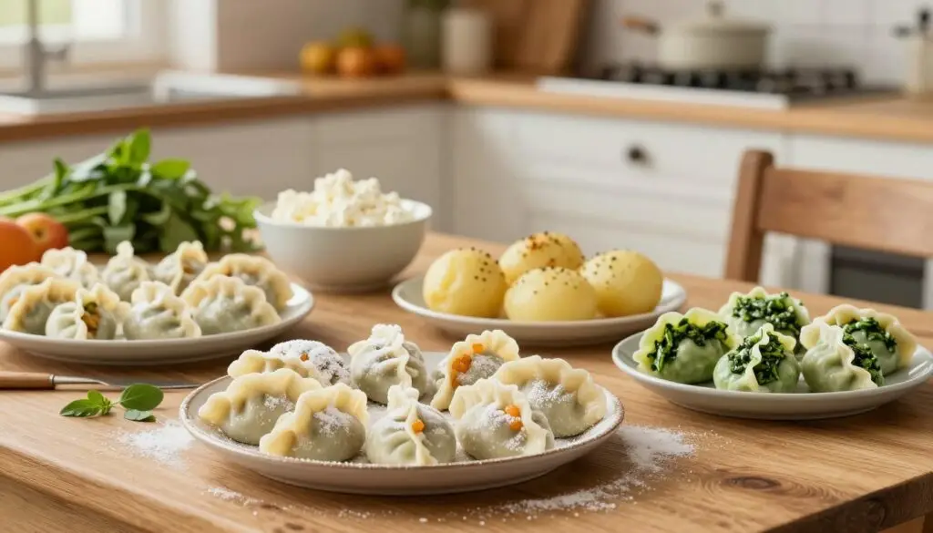 A beautifully arranged table showcasing various dumplings, or "knedli," filled with an array of colorful fillings. In the foreground, display a plate of traditional plum-filled knedli, dusted with powdered sugar. Next to it, feature innovative variations like sweet cottage cheese, savory potato, and a bright green spinach filling, each presented in elegant bowls. The middle ground features a rustic wooden table set with fresh herbs and fruits that hint at the fillings. In the background, softly blurred, show a cozy kitchen scene with warm, inviting lighting, emphasizing a homey atmosphere. The image should have a gentle, cheerful mood, making viewers feel inspired to try these delightful variations of knedli. Use a warm color palette with natural lighting for an appetizing appeal.