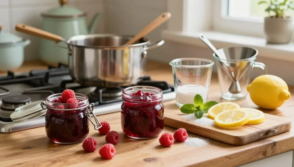 A beautifully arranged tabletop scene showcasing ingredients and equipment for making raspberry jam. In the foreground, fresh, plump raspberries scattered alongside a glass jar filled with homemade jam. A wooden cutting board displays sugar, lemon slices, and a sprig of mint for garnish. In the middle ground, a stainless steel pot sits on a gas stove, with a wooden spoon resting alongside. A pair of glass measuring cups for accurate measurements and a funnel for jar filling are neatly positioned. The background features soft, out-of-focus vintage kitchenware, creating a warm, inviting atmosphere. Soft, natural light pours in from a nearby window, creating gentle reflections on the glass. The mood is cozy and nostalgic, perfect for inspiring home cooks.