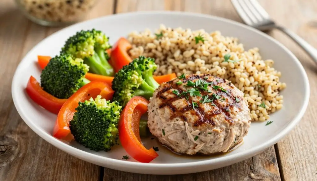 A beautifully plated healthy modification of a traditional meatball, emphasizing vibrant colors and fresh ingredients. In the foreground, a juicy, grilled lean meatball made from turkey or chicken, garnished with a sprinkle of fresh herbs like parsley or dill. Beside it, a colorful array of sautéed vegetables including bell peppers, broccoli, and carrots. The middle ground features a whole grain side such as quinoa or brown rice, artistically arranged. In the background, a rustic wooden table setting with soft, natural lighting enhancing the freshness of the ingredients. The atmosphere is warm and inviting, creating a sense of comfort and health. The image should be captured from a slight overhead angle to showcase the depth and texture of the dish without any text or distractions.