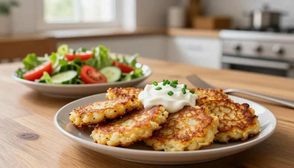 A beautifully plated serving of crunchy, golden-brown placki ziemniaczane (potato pancakes) in the foreground, garnished with a dollop of sour cream and fresh chives. The pancakes are crisp on the outside, soft on the inside, showcasing the texture. In the middle ground, an elegant wooden table is adorned with a colorful salad of mixed greens, tomatoes, and cucumbers, emphasizing a healthy diet. The background features a softly lit kitchen atmosphere, with light filtering through a window, creating a warm and inviting mood. Use a shallow depth of field to focus on the food while subtly blurring the kitchen setting, capturing the essence of a balanced diet with a focus on traditional cuisine.