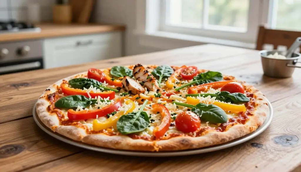 A beautifully presented homemade low-calorie pizza on a rustic wooden table. In the foreground, the pizza showcases a thin, crispy crust topped with vibrant, fresh vegetables like bell peppers, spinach, and cherry tomatoes, along with a sprinkling of light cheese. The middle layer features a variety of healthy toppings, such as grilled chicken and herbs, arranged artfully. The background hints at a stylish kitchen setting, with soft natural light streaming in through a window, creating a warm, inviting atmosphere. A few cooking utensils and a measuring cup are subtly placed nearby, emphasizing the idea of healthy cooking. The scene feels cozy and approachable, perfect for encouraging healthy meal preparation.
