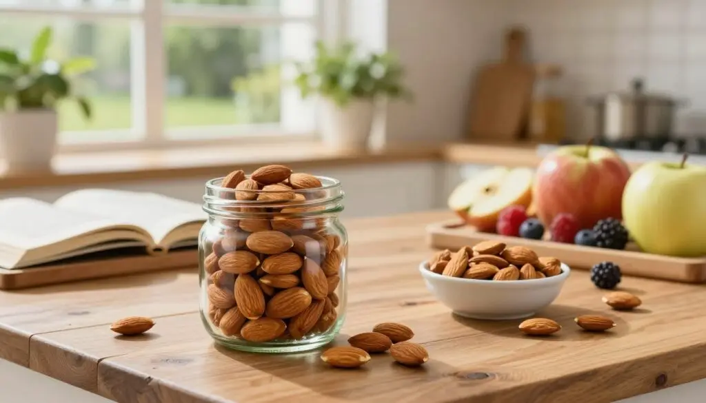A beautifully presented scene showcasing a healthy lifestyle with almonds as the focal point. In the foreground, a glass jar filled with raw almonds sits atop a rustic wooden table. To the right, a small bowl of roasted almonds is surrounded by fresh fruits like apples and berries, highlighting a balanced diet. The middle ground features a bright, sunlit kitchen with green plants and a wooden cutting board displaying an open recipe book, suggesting incorporation of almonds into meals. In the background, a window reveals a glowing, inviting outdoor garden. Soft, natural lighting streams in, creating a warm and welcoming atmosphere. The angle is slightly elevated, providing a clear view of the arrangement, conveying a sense of health, wellness, and practicality in dietary choices.