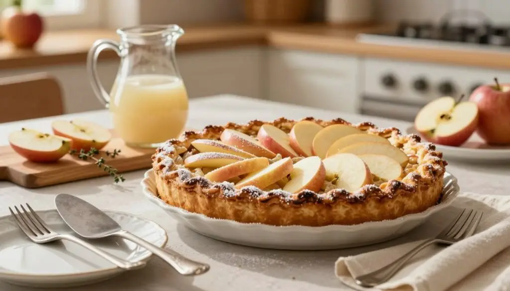 A beautifully set dining table featuring a freshly baked royal apple pie (szarlotka królewska) as the centerpiece, artfully decorated with a light dusting of powdered sugar and topped with a few slices of perfectly arranged apples. In the foreground, an elegant pie server and a fork rest beside a delicate porcelain plate, ready for serving. The midground showcases a pitcher of homemade vanilla sauce, glistening in soft, warm sunlight. Inviting kitchen elements, such as a wooden cutting board with apple slices and a sprig of thyme, are subtly placed on the side. The background features softly blurred kitchen decor with hints of warm colors and rustic textures, enhancing a cozy, inviting atmosphere perfect for a family gathering or festive occasion. The lighting is soft and warm, creating a welcoming and appetizing mood.