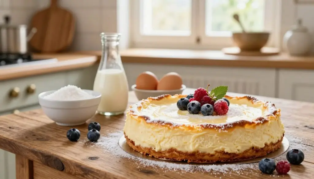 A beautifully staged kitchen scene featuring a traditional Polish cooking setup. In the foreground, a smooth, creamy baked cheesecake, known as sernik gotowany, sits elegantly on a rustic wooden table. The cheesecake is adorned with a light dusting of powdered sugar and fresh berries for added color. In the middle, various ingredients are artfully arranged—cream, eggs, and a bowl of sugar, showcasing the simplicity of the recipe. The background reveals a sunlight-filled kitchen with vintage utensils and a charming window that lets in warm, natural light, enhancing the inviting atmosphere. Capture the essence of homemade comfort with warm, soft lighting, emphasizing the cheesecake’s texture and the delightful ambiance of a cozy kitchen environment.
