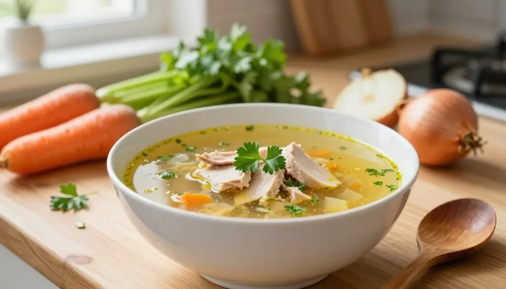 A bowl of traditional Polish rosół with clear golden broth, garnished with fresh parsley and slices of tender chicken. Nestled in a cozy kitchen setting with wooden countertops, fresh vegetables like carrots, celery, and onions nearby, conveying a healthy diet atmosphere. In the background, soft natural light filters through a window, creating a warm and inviting mood. A wooden spoon rests beside the bowl, hinting at the preparation process. The focus is on the vibrant colors of the soup and ingredients, capturing the essence of a nourishing, home-cooked meal. Use a shallow depth of field to emphasize the bowl in the foreground, while keeping the kitchen details slightly blurred, enhancing the overall cozy feel of the scene.