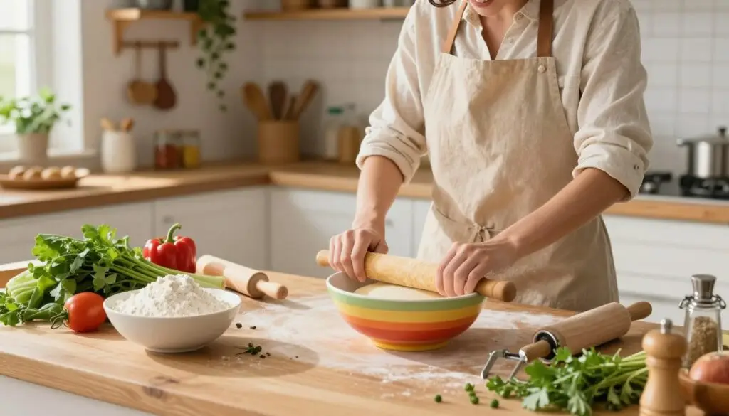 A bright and inviting kitchen scene showcasing the process of preparing low-calorie homemade tortillas. In the foreground, a wooden countertop displays fresh ingredients such as whole wheat flour, fresh vegetables, and herbs, arranged artistically. A colorful mixing bowl containing the tortilla dough sits prominently, with a rolling pin and tortilla press nearby. In the middle ground, a cheerful person in casual attire is skillfully rolling out the dough, radiating positivity and enthusiasm. The background features a warm, sunlight-drenched kitchen with hanging plants and spices neatly organized on shelves, evoking a healthy and homey atmosphere. The lighting is soft and natural, casting gentle shadows that add depth. The scene captures the essence of healthy cooking, promoting a lifestyle of wholesome meal preparation.