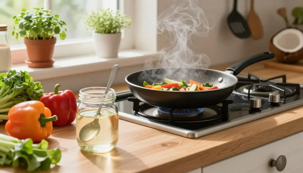 A bright kitchen setting, showcasing a wooden countertop filled with various culinary items featuring coconut oil prominently. In the foreground, a glass jar of coconut oil with a spoon, beside colorful fresh vegetables like bell peppers and leafy greens, emphasizing healthy cooking. The middle ground reveals a frying pan on a modern stove with sautéed vegetables glistening in the oil, steam rising enticingly. Background elements show potted herbs on windowsills and kitchen utensils hanging on walls, all bathed in warm, natural light from a nearby window, creating a cozy, inviting atmosphere. The overall mood is one of freshness and culinary creativity, perfect for showcasing coconut oil's versatile use in cooking.