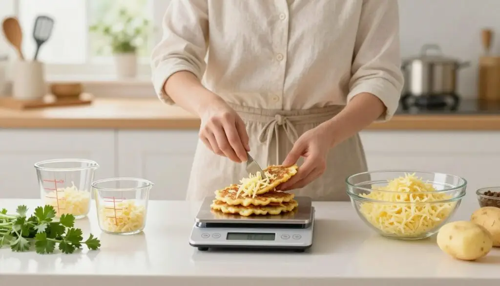 A clean, inviting kitchen scene featuring a person measuring ingredients for potato pancakes. In the foreground, a well-organized kitchen counter with a digital scale, measuring cups, and a bowl of grated potatoes, showcasing the process of calorie control. The middle layer includes the person, dressed in a neat, modest outfit, carefully weighing out ingredients with focused intent. In the background, soft natural light filters through a window, illuminating the kitchen with a warm and appealing glow. The atmosphere exudes practicality and mindfulness in cooking, with kitchen utensils and fresh herbs adding to the vibrant and wholesome feel of the scene.