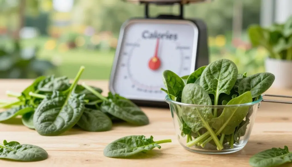 A close-up arrangement of fresh spinach leaves showcasing their rich green color and unique textures, placed on a wooden kitchen table. In the foreground, a measuring cup filled with spinach displays its vibrant, leafy form. In the middle ground, use a scale to highlight the balance of macronutrients, including a visual chart of calories, proteins, carbohydrates, and vitamins. The background features soft-focus images of a sunny garden to create an organic atmosphere, with diffused natural lighting emphasizing the freshness and health benefits of spinach. The overall mood is bright and wholesome, perfect for conveying nutritional insights on this leafy green.