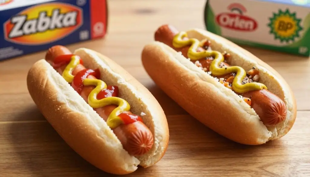 A close-up comparison of two hot dogs placed on a wooden table: one hot dog from Żabka, featuring a fresh bun, vibrant condiments like mustard and ketchup, and a gleaming sausage, is on the left. The rival hot dogs from Orlen and BP are positioned on the right, showcasing their unique styles and toppings. In the background, softly blurred logos of the brands are hinted at, creating a sense of competition. Natural light casts a warm glow over the scene, enhancing the appetizing texture of the food. The angle is slightly above the table, emphasizing the deliciousness of the hot dogs while maintaining a professional and inviting atmosphere. The overall mood is vibrant and enticing, perfect for a food comparison.