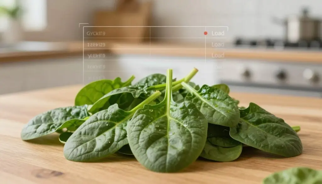 A close-up composition showcasing fresh spinach leaves on a wooden kitchen table, with a scientific graph overlay depicting glycemic index values hovering above the leaves. The foreground features vibrant, glistening green spinach, highlighting its texture and freshness. In the middle, a transparent chart subtly integrates with the spinach, detailing the glycemic index and load. The background includes a softly blurred kitchen setting with warm, inviting lighting, creating a cozy atmosphere conducive to healthy eating. The focus is sharp on the spinach and the chart, while the kitchen is artistically out of focus. The overall mood is educational yet inviting, emphasizing nutrition and the health benefits of spinach.