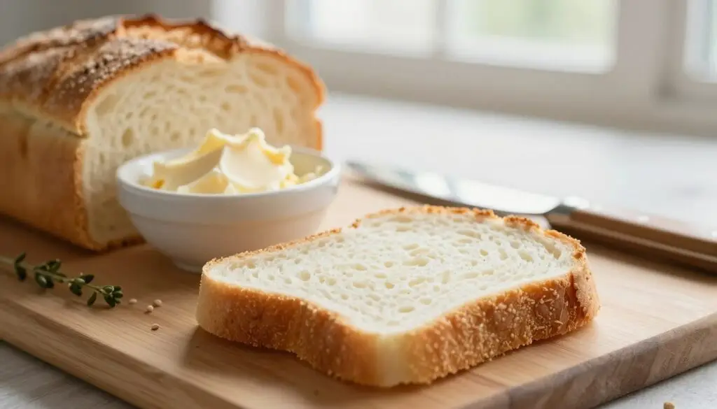 A close-up image of a small slice of bread on a wooden cutting board, showcasing its texture with a soft golden crust and a fluffy white interior. In the foreground, the slice is slightly tilted, emphasizing its soft texture. In the middle ground, a small bowl of butter with a knife rests beside it, adding context and warmth. In the background, soft diffused natural light streams in from a window, casting gentle shadows that enhance the inviting atmosphere. Fresh herbs or grains might be scattered lightly around to evoke a sense of health and nourishment. The overall mood is warm, cozy, and inviting, ideal for illustrating a topic about nutritional content. A close-up image of a small slice of bread on a wooden cutting board, showcasing its texture with a soft golden crust and a fluffy white interior. In the foreground, the slice is slightly tilted, emphasizing its soft texture. In the middle ground, a small bowl of butter with a knife rests beside it, adding context and warmth. In the background, soft diffused natural light streams in from a window, casting gentle shadows that enhance the inviting atmosphere. Fresh herbs or grains might be scattered lightly around to evoke a sense of health and nourishment. The overall mood is warm, cozy, and inviting, ideal for illustrating a topic about nutritional content.