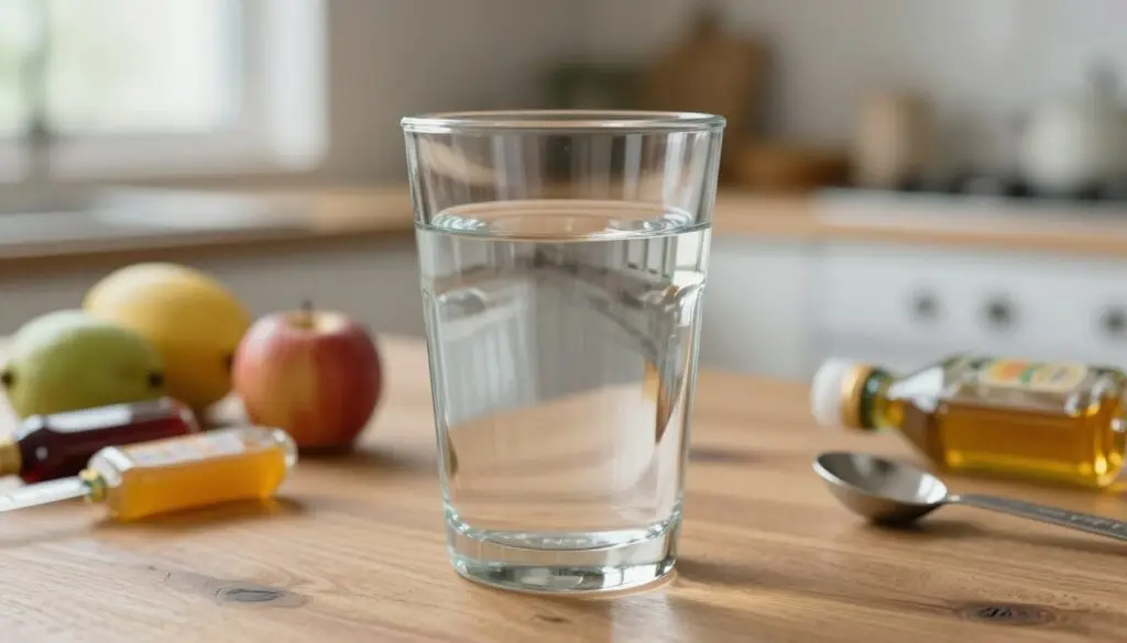 A close-up of a clear glass of water filled to the brim, sitting on a rustic wooden table. Surrounding the glass are various hidden calorie items, like fruits, flavored syrups, and a measuring spoon, subtly hinting at how these can alter the caloric content of water. In the background, a blurred kitchen setting with soft, natural light filtering through a window creates an inviting atmosphere. The scene is captured from a slightly high angle, emphasizing the glass and its surroundings, while keeping a clean and uncluttered focus. The overall mood is informative yet approachable, ideal for illustrating the concept of hidden calories in beverages. A close-up of a clear glass of water filled to the brim, sitting on a rustic wooden table. Surrounding the glass are various hidden calorie items, like fruits, flavored syrups, and a measuring spoon, subtly hinting at how these can alter the caloric content of water. In the background, a blurred kitchen setting with soft, natural light filtering through a window creates an inviting atmosphere. The scene is captured from a slightly high angle, emphasizing the glass and its surroundings, while keeping a clean and uncluttered focus. The overall mood is informative yet approachable, ideal for illustrating the concept of hidden calories in beverages.
