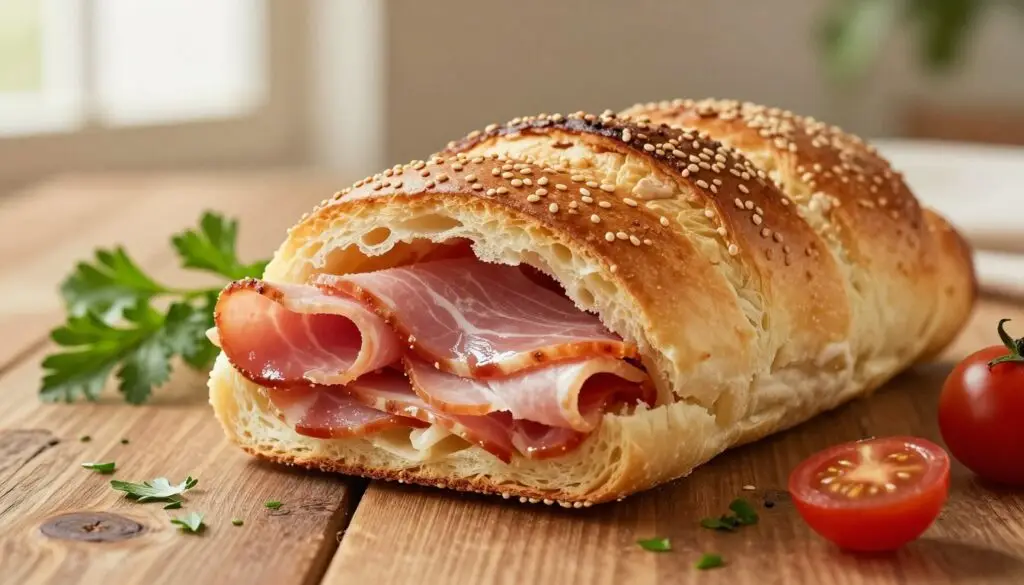 A close-up of a freshly baked kajzerka roll filled with layers of thinly sliced ham, presented on a rustic wooden table. The roll has a golden-brown crust with visible sesame seeds, and the ham is slightly glistening, revealing its savory texture. Surround the kajzerka with scattered fresh herbs like parsley and a couple of cherry tomatoes for a pop of color. In the background, softly blurred warm light filters through a window, creating a cozy atmosphere. The scene conveys a healthy and hearty vibe, suggesting nourishment and appetite appeal. Focus on enhancing the natural colors and textures, ensuring a mouthwatering look without any text, logos, or watermarks.