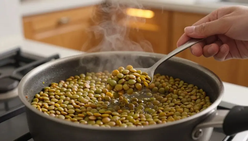 A close-up of a hand checking the readiness of cooked lentils, with the lentils in a saucepan on a stovetop. The foreground features a hand holding a spoon, gently lifting a small amount of lentils to check their texture. In the middle, the simmering saucepan filled with vibrant, green-brown lentils showcases their plumpness and slight translucence, with steam rising gently from the surface. The background captures a cozy kitchen ambiance with wooden cabinets and a warm, inviting glow from under-cabinet lighting. The mood is one of homey comfort and culinary exploration. Use a soft focus to emphasize the foreground and create a sense of intimacy in the cooking process, shot from a slightly elevated angle to provide a clear view of the lentils.