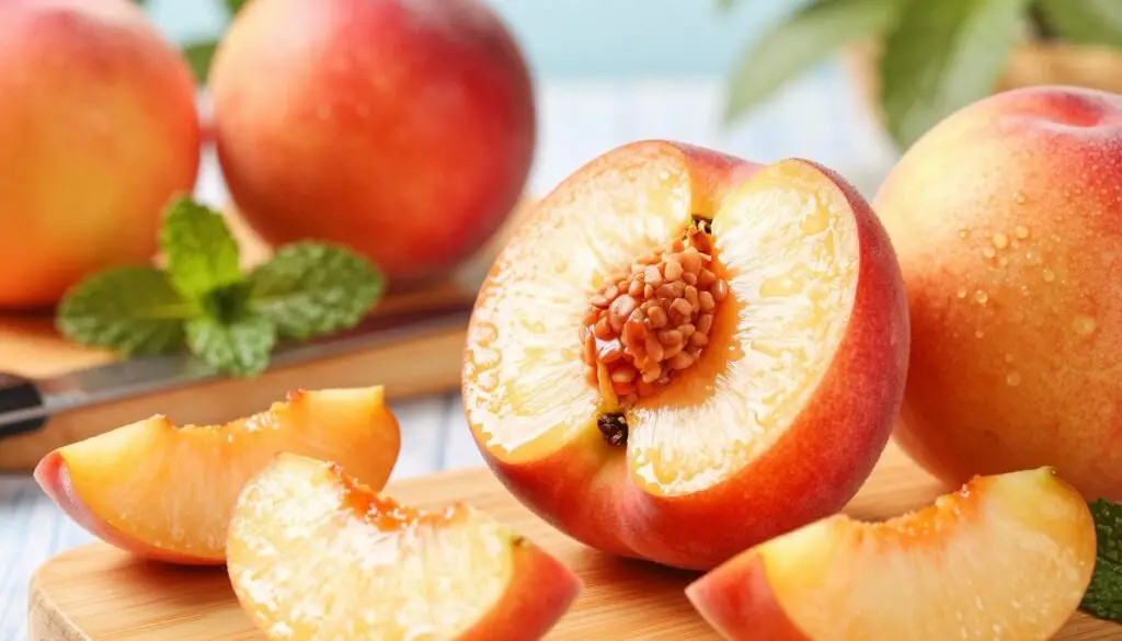 A close-up of a ripe nectarine sliced in half, revealing its vibrant orange flesh and smooth texture, with highlights emphasizing the juicy, glistening surface. The foreground features scattered nectarine slices, along with a few whole nectarines, showcasing their glossy red and yellow skin. In the middle, include a wooden cutting board with fresh mint leaves and a knife, suggesting freshness and culinary use. The background is softly blurred, with hints of a bright kitchen setting, bathed in warm, natural light, creating a cozy, inviting atmosphere. The focus is on the nutrients of the nectarine, visually representing health and vitality, infused with a sense of wholesome, seasonal abundance. A close-up of a ripe nectarine sliced in half, revealing its vibrant orange flesh and smooth texture, with highlights emphasizing the juicy, glistening surface. The foreground features scattered nectarine slices, along with a few whole nectarines, showcasing their glossy red and yellow skin. In the middle, include a wooden cutting board with fresh mint leaves and a knife, suggesting freshness and culinary use. The background is softly blurred, with hints of a bright kitchen setting, bathed in warm, natural light, creating a cozy, inviting atmosphere. The focus is on the nutrients of the nectarine, visually representing health and vitality, infused with a sense of wholesome, seasonal abundance.
