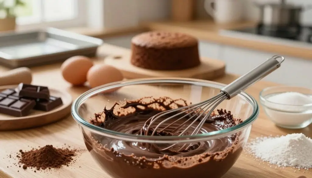 A close-up scene showcasing the preparation of a rich chocolate sponge cake. In the foreground, a large glass mixing bowl filled with a velvety chocolate batter, with a whisk resting in it, surrounded by scattered cocoa powder and flour. In the middle layer, ingredients like eggs, sugar, and melted dark chocolate are artfully arranged on a wooden kitchen counter, emphasizing the process. The background features soft-focus kitchen elements, such as a baking tray and measuring cups, gently illuminated by warm, natural light streaming in from a nearby window, creating an inviting and cozy atmosphere. The overall mood is warm and homey, evoking the joyous moments of baking.