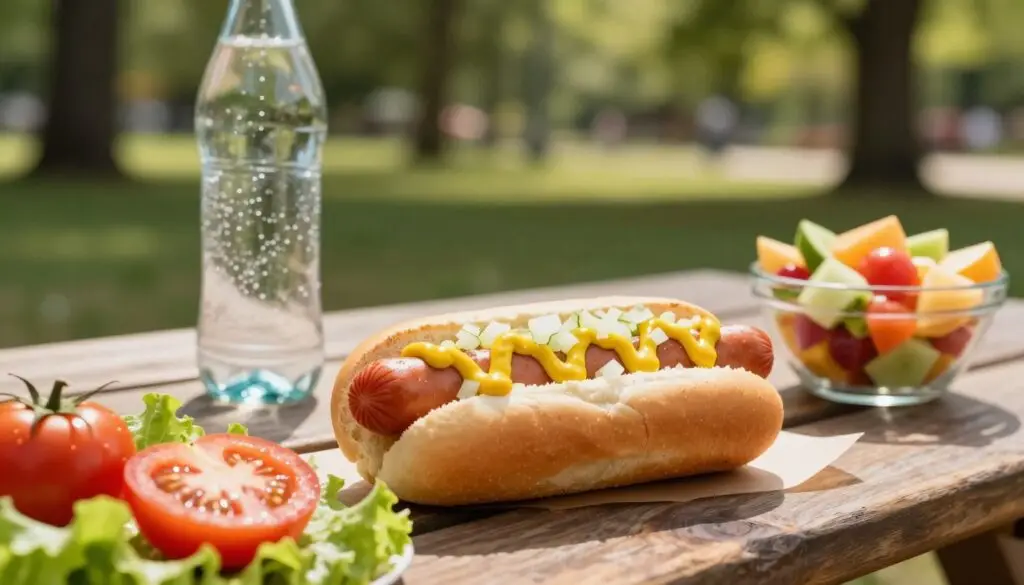 A close-up shot of a hot dog from Żabka, artistically placed on a wooden picnic table in a park setting. The hot dog is nestled in a fresh, lightly toasted bun, topped with vibrant yellow mustard and a sprinkle of diced onions. In the foreground, there are fresh vegetables like tomatoes and lettuce, suggesting healthiness. The middle ground features a refreshing bottle of sparkling water and a small bowl of colorful fruit salad. In the background, soft sunlight filters through leafy trees, creating a warm and inviting atmosphere. The scene is captured at a slight angle to highlight the food textures, using a shallow depth of field to keep focus on the hot dog and the accompanying healthy elements. The overall mood is cheerful and health-conscious.