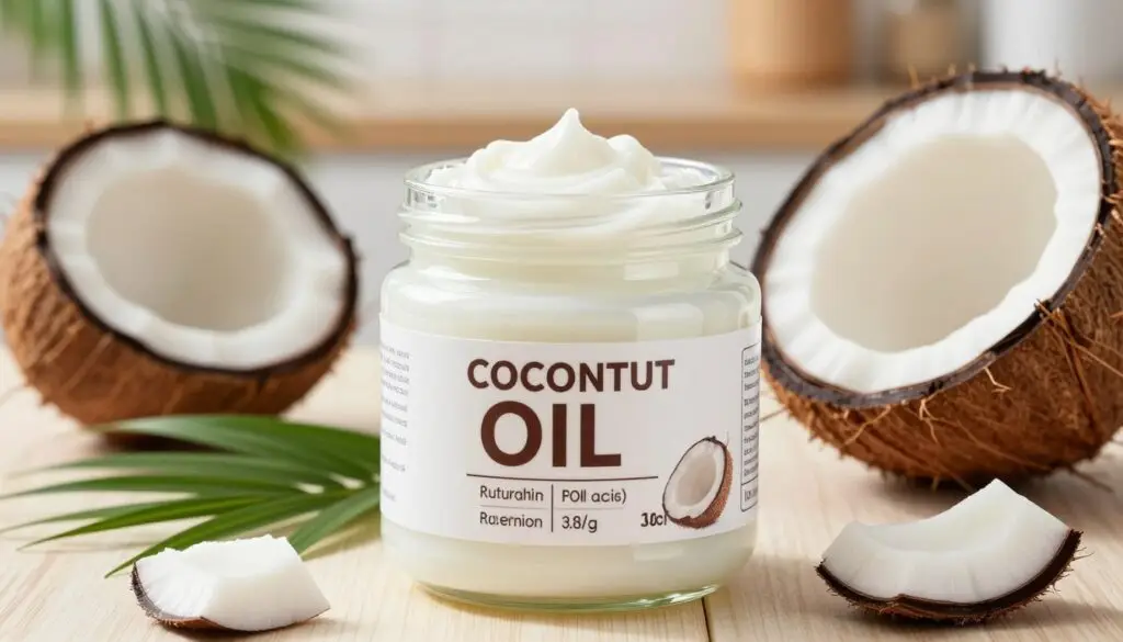 A close-up shot of a jar of coconut oil, showcasing its creamy texture and rich, white color. The jar is surrounded by coconut shells, fresh coconut pieces, and green palm leaves, creating a tropical atmosphere. In the background, a softly blurred kitchen setting with warm, natural lighting enhances the inviting mood. The focus is on the nutritional composition label on the jar, highlighting essential fatty acids and calorie content. The scene evokes a sense of health and wellness, aimed at conveying the benefits of coconut oil in a visually appealing manner. The image captures details like light reflecting off the jar and the vibrant colors of the coconut, emphasizing freshness and natural origins.