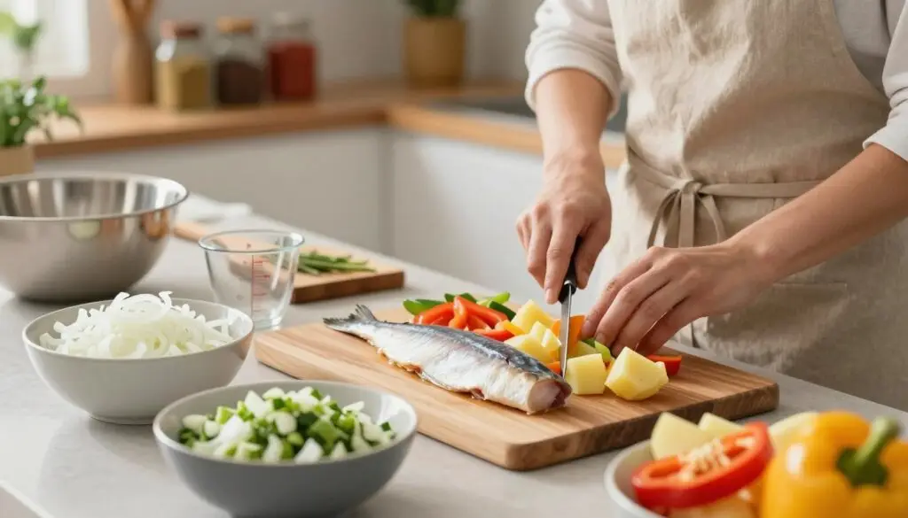 A close-up view of a beautifully arranged kitchen countertop, showcasing the step-by-step preparation of a herring salad with potatoes. The vibrant ingredients, including fresh herring fillets, diced potatoes, colorful bell peppers, and finely chopped onions, are artfully displayed in bowls. In the foreground, a skilled cook, wearing a neat apron and modest casual clothing, is diligently chopping vegetables with a sharp knife. In the middle ground, a wooden cutting board and measuring cups sit beside a mixing bowl, hinting at the cooking process. The background features soft focus shelves filled with spices and herbs, illuminated by warm, natural lighting that creates an inviting atmosphere. The overall mood is cozy and encouraging, perfect for showcasing culinary creativity.