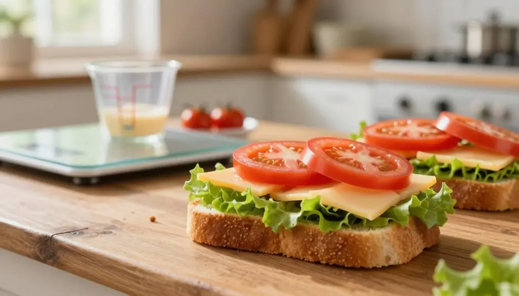 A close-up view of a beautifully arranged sandwich on a rustic wooden table, showcasing a small slice of bread topped with an array of colorful ingredients. In the foreground, detail the fresh lettuce, ripe tomato, and slices of cheese, emphasizing the textures and colors that enhance caloric content. In the middle ground, add a small bowl of calorie counting tools, such as a scale and measuring cup, subtly integrating them into the scene to represent energy balance. The background features a sunlit kitchen with soft, natural lighting filtering through a window, creating a warm, inviting atmosphere. Aim for a shallow depth of field, keeping the sandwich in sharp focus while gently blurring the background to highlight the subject. A close-up view of a beautifully arranged sandwich on a rustic wooden table, showcasing a small slice of bread topped with an array of colorful ingredients. In the foreground, detail the fresh lettuce, ripe tomato, and slices of cheese, emphasizing the textures and colors that enhance caloric content. In the middle ground, add a small bowl of calorie counting tools, such as a scale and measuring cup, subtly integrating them into the scene to represent energy balance. The background features a sunlit kitchen with soft, natural lighting filtering through a window, creating a warm, inviting atmosphere. Aim for a shallow depth of field, keeping the sandwich in sharp focus while gently blurring the background to highlight the subject.