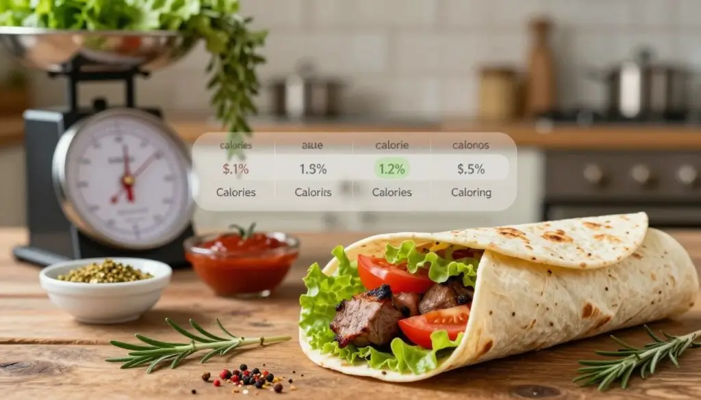 A close-up view of a delicious kebab wrapped in a tortilla, arranged on a rustic wooden table. The kebab is filled with vibrant, fresh ingredients like sliced tomatoes, crisp lettuce, and grilled meat. In the foreground, a measuring scale displays the weight of the kebab alongside fresh herbs, spices, and different sauces in elegant bowls, highlighting the elements affecting calorie content. In the middle, a faint infographic overlay subtly illustrates the nutritional breakdown of calories without any text, while the background features a cozy kitchen setting with warm lighting and herbs hanging from a rack. The overall mood is inviting and informative, appealing to food enthusiasts and health-conscious readers.
