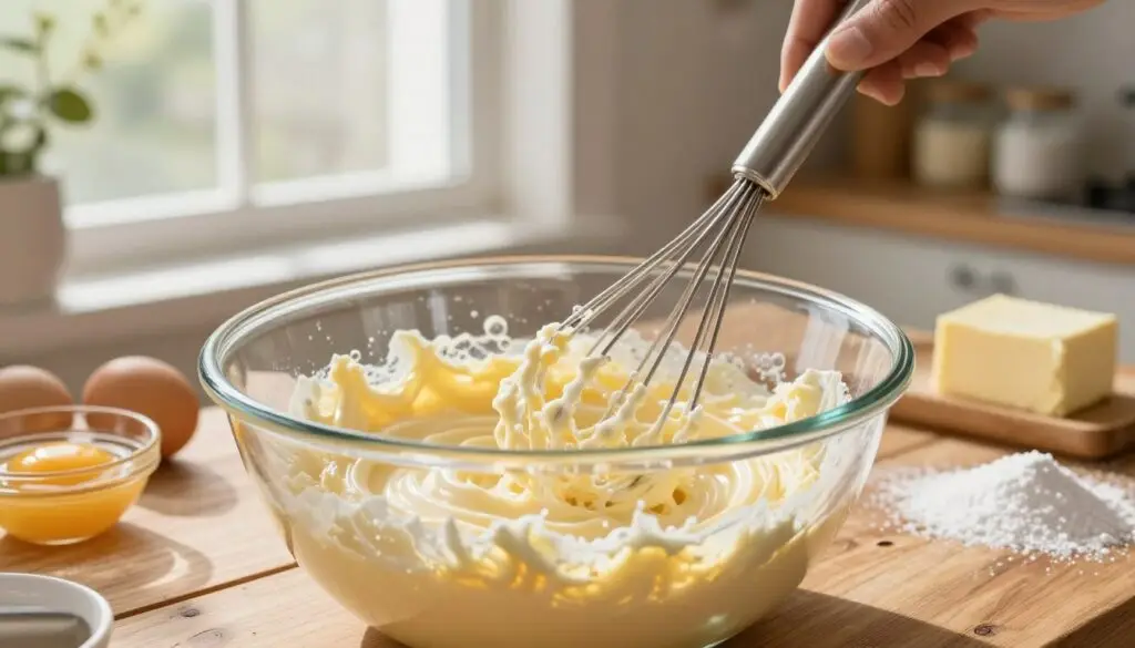 A close-up view of a fluffy buttercream being whisked in a glass mixing bowl. In the foreground, a shiny metal whisk is submerged in the creamy, pale yellow mixture, capturing the air bubbles infused during the mixing process. The middle ground features a rustic wooden countertop adorned with ingredients like egg yolks, sticks of butter, and a dusting of powdered sugar. Soft, natural light streams in from a large window, casting a warm glow and gentle shadows that evoke a cozy kitchen atmosphere. In the background, blurred shelves display various baking tools and a few cute decorative jars, enhancing the homely feel. The scene should evoke a sense of warmth and joy, perfect for a baking adventure.