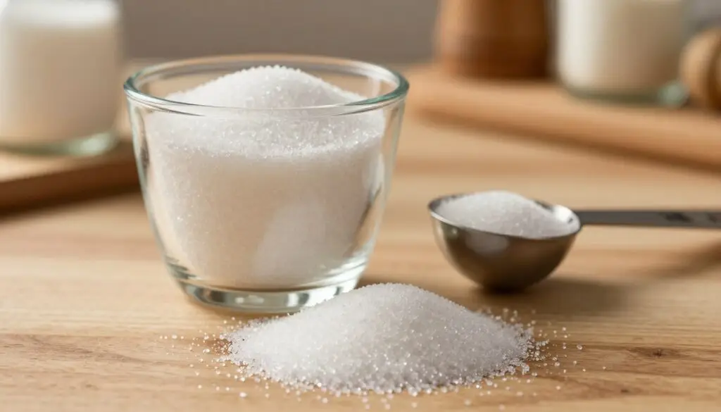 A close-up view of a glass cup filled with granulated sugar, sitting on a wooden kitchen table, illuminated by warm, soft lighting that creates a cozy atmosphere. In the foreground, the crystal-like texture of the sugar is highlighted, with some grains sparkling in the light. In the middle, a measuring spoon rests beside the cup, suggesting an accurate measurement of calories. In the background, a blurred kitchen setting hints at culinary activity, with ingredients softly out of focus. The overall mood is inviting and informative, designed to evoke a sense of exploration into the nutritional value of sugar, emphasizing clarity and detail without any distracting elements.