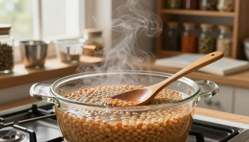 A close-up view of a pot of lentils simmering on a stovetop, showcasing varying water levels in the transparent pot to illustrate the ideal water-to-lentil ratio. The foreground features a wooden spoon resting on the pot, with steam rising gently above, creating a warm, inviting atmosphere. In the middle ground, a rustic kitchen setting with soft, natural light filtering through a window, illuminating the lentils and kitchen tools like measuring cups and a cookbook. The background displays sturdy wooden shelves filled with spices and dried herbs, enhancing the homey feel. The composition conveys a sense of calm, organized cooking, perfect for engaging readers in the preparation process.
