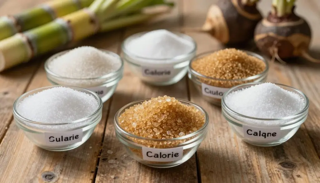 A close-up view of various types of sugar, showcasing granulated sugar, brown sugar, and powdered sugar, arranged artistically on a rustic wooden table. Each type of sugar is displayed in clear glass bowls with labels indicating their calorie content, emphasizing their distinct textures. Soft, natural lighting illuminates the scene, creating warm shadows that enhance the visual depth. In the background, blurred images of sugarcanes and sugar beet plants hint at the origins of these sugars, adding context to the subject. The overall atmosphere is inviting and informative, ideal for a setting focused on nutrition and healthy eating. The image should convey clarity and richness without any text or overlay elements.