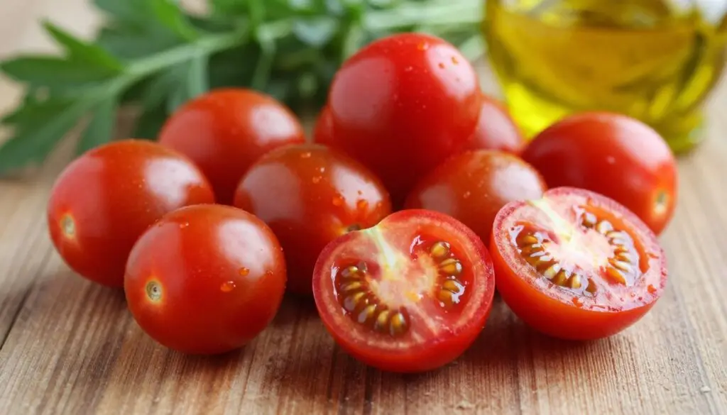 A close-up view of vibrant cherry tomatoes, showcasing their plump, juicy form, sitting atop a rustic wooden table. The tomatoes are arranged in a visually appealing manner, with some halved to reveal their rich red flesh and seeds, glistening with freshness. In the background, a soft-focus array of green herbs and a hint of olive oil in a glass bottle can be seen, suggesting healthy preparation. Natural, warm lighting highlights the tomatoes' glossy skin and rich colors, creating a mouthwatering atmosphere. The image captures the essence of nutrition, conveying the health benefits of these small yet nutrient-dense fruits, without any text or additional elements. The angle should be slightly overhead to emphasize the tomatoes’ colors and textures.