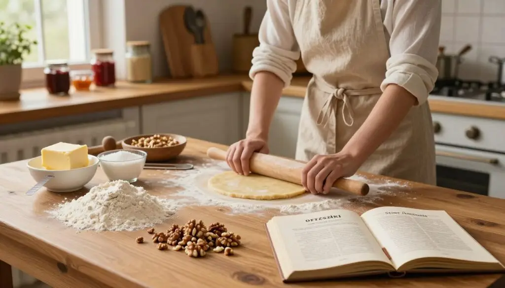 A cozy, inviting kitchen scene depicting the step-by-step preparation of "orzeszki" (Polish nut cookies). In the foreground, a wooden kitchen table is adorned with carefully arranged ingredients: flour, butter, sugar, and finely chopped walnuts, with measuring cups and a rolling pin nearby. A well-used recipe book open to a page detailing Sister Anastazja's recipe is also visible. In the middle, a skilled baker, dressed in a modest casual apron, rolls out dough, shaping it into small rounds. The background features warm lighting from a nearby window, illuminating rustic shelves lined with baking tools and jars of homemade preserves. The atmosphere is warm and inviting, evoking the joy of home baking and the culinary traditions of the past.