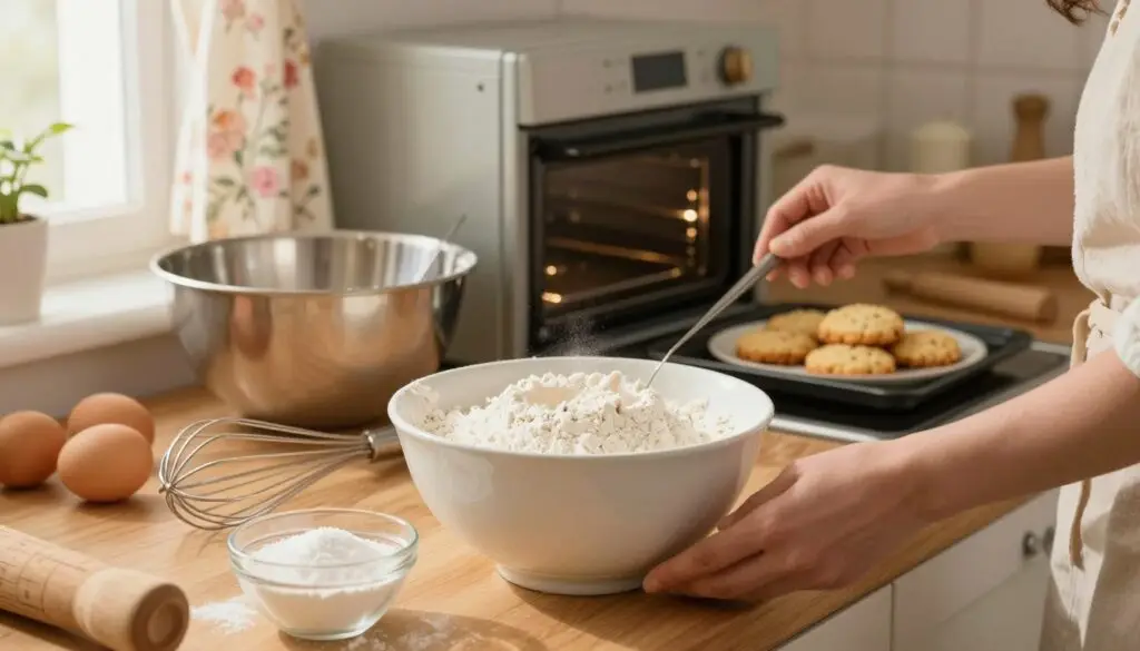 A cozy kitchen scene depicting the preparation of Sister Anastasia's biscuit cake. In the foreground, a wooden countertop is adorned with mixing bowls filled with flour, eggs, and sugar. A whisk and measuring cups are meticulously arranged, capturing a sense of careful baking. In the middle ground, an oven is visible, with a timer set, while a small plate of freshly baked biscuits cooling beside it. The background features soft, warm lighting streaming through a window adorned with floral curtains, casting a gentle glow on the scene. The overall atmosphere is inviting and homely, evoking a sense of tradition and nostalgia. The image should be well-composed to highlight the baking process without any text or distractions.