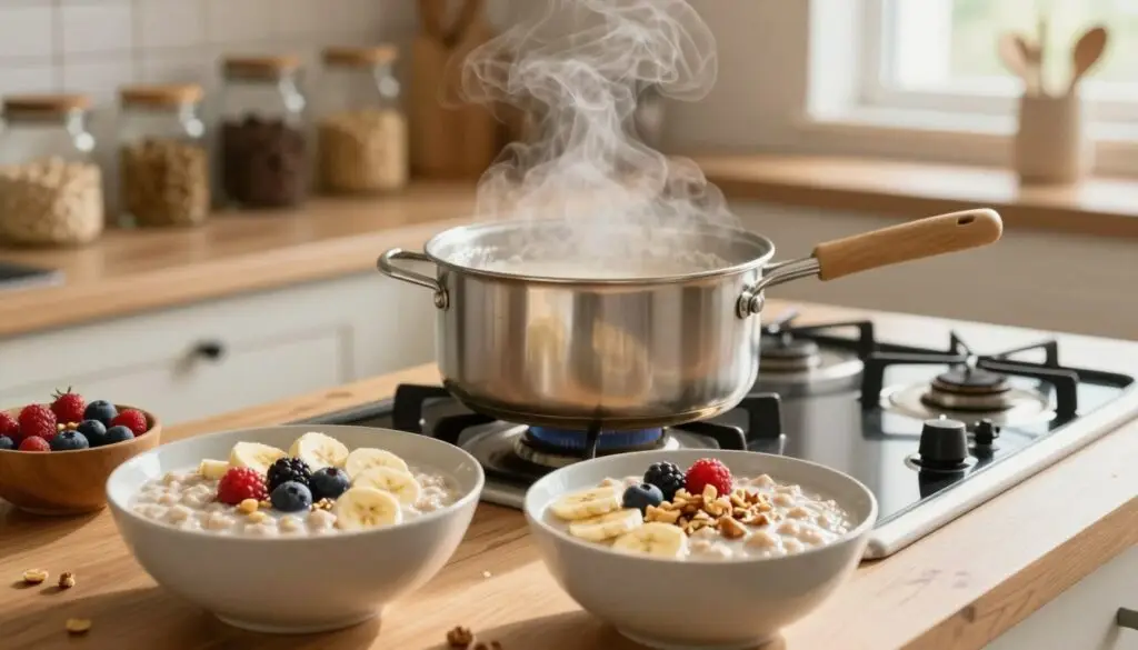 A cozy kitchen scene depicting the process of preparing oatmeal with oat milk. In the foreground, a wooden table is set with a large bowl of creamy oatmeal, topped with fresh fruits like sliced bananas and berries, and a sprinkle of nuts. A saucepan simmers on a stove in the middle, filled with oat milk and oats, with steam rising gently. In the background, shelves with jars of spices and ingredients suggest a warm, inviting atmosphere. Soft, natural light filters in through a window, casting a warm glow over the scene. The composition should evoke a sense of comfort and health, perfect for illustrating a step-by-step oatmeal preparation process.