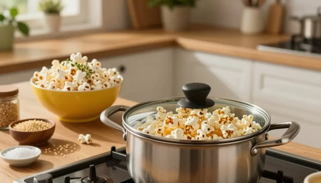 A cozy kitchen scene featuring a healthy popcorn preparation process. In the foreground, a stainless steel pot with a glass lid sits on a stove, showcasing fresh popcorn kernels being gently popped, some kernels catching the light as they burst open. Surrounding the pot, there are organic seasonings like sea salt and nutritional yeast in small bowls. In the middle ground, a wooden countertop is adorned with a vibrant bowl of completed popcorn, light and fluffy, garnished with herbs. In the background, a well-lit kitchen with warm, inviting tones and green plants creates a comforting atmosphere. The lighting is soft and warm, suggesting a late afternoon setting, evoking a sense of homeliness and healthiness. The angle is slightly elevated, offering a clear view of the entire preparation process.
