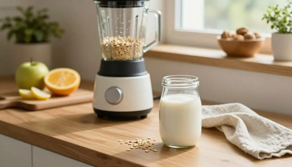 A cozy kitchen scene featuring a homemade oat milk preparation process. In the foreground, a clear glass jar filled with freshly made oat milk sits on a wooden countertop, with oats scattered around and a linen cloth nearby. The middle ground showcases a blender with oats and water partially blended, with a cutting board holding some fresh fruits for potential use in the drink. In the background, soft natural light streams in through a window, highlighting green plants and a bowl of nuts on a shelf, creating a warm, inviting atmosphere. The angle is slightly elevated to capture all elements harmoniously, emphasizing a wholesome, healthy lifestyle.