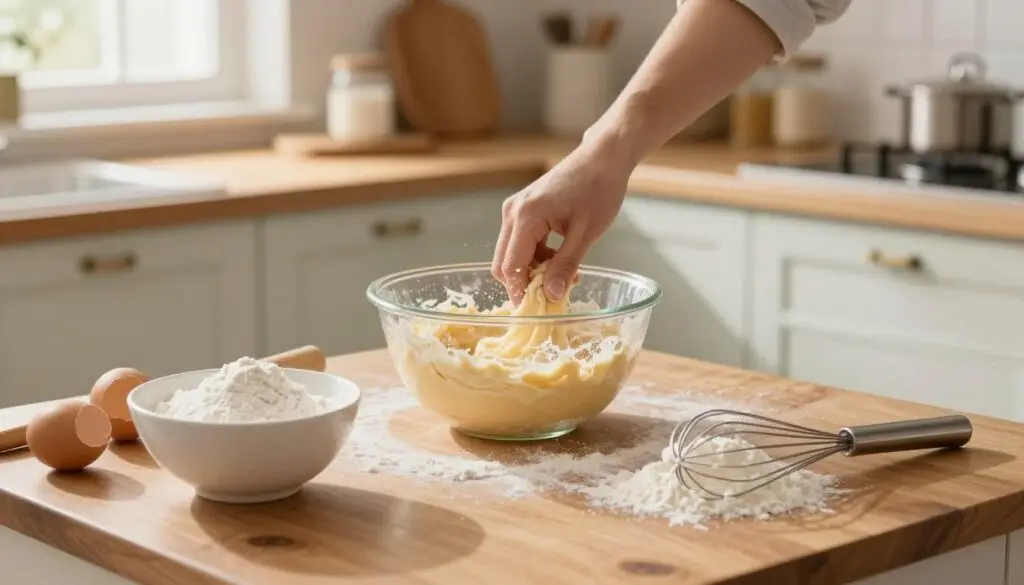 A cozy kitchen scene focused on the preparation of sponge cakes. In the foreground, a wooden countertop cluttered with ingredients: a bowl of fluffy egg whites, flour, sugar, and a whisk, with a few scattered flour dust particles catching the soft morning light. The middle layer features a mixing bowl, with a hand gently folding ingredients together, showcasing the creamy texture of the batter. In the background, a warm, inviting kitchen with pastel-colored cabinets and a window letting in natural light, casting soft shadows. The atmosphere is calm and homey, evoking the joy of baking. Use soft lighting to enhance the warmth and comfort of the scene, with a focus on details that capture the essence of traditional baking. A cozy kitchen scene focused on the preparation of sponge cakes. In the foreground, a wooden countertop cluttered with ingredients: a bowl of fluffy egg whites, flour, sugar, and a whisk, with a few scattered flour dust particles catching the soft morning light. The middle layer features a mixing bowl, with a hand gently folding ingredients together, showcasing the creamy texture of the batter. In the background, a warm, inviting kitchen with pastel-colored cabinets and a window letting in natural light, casting soft shadows. The atmosphere is calm and homey, evoking the joy of baking. Use soft lighting to enhance the warmth and comfort of the scene, with a focus on details that capture the essence of traditional baking.