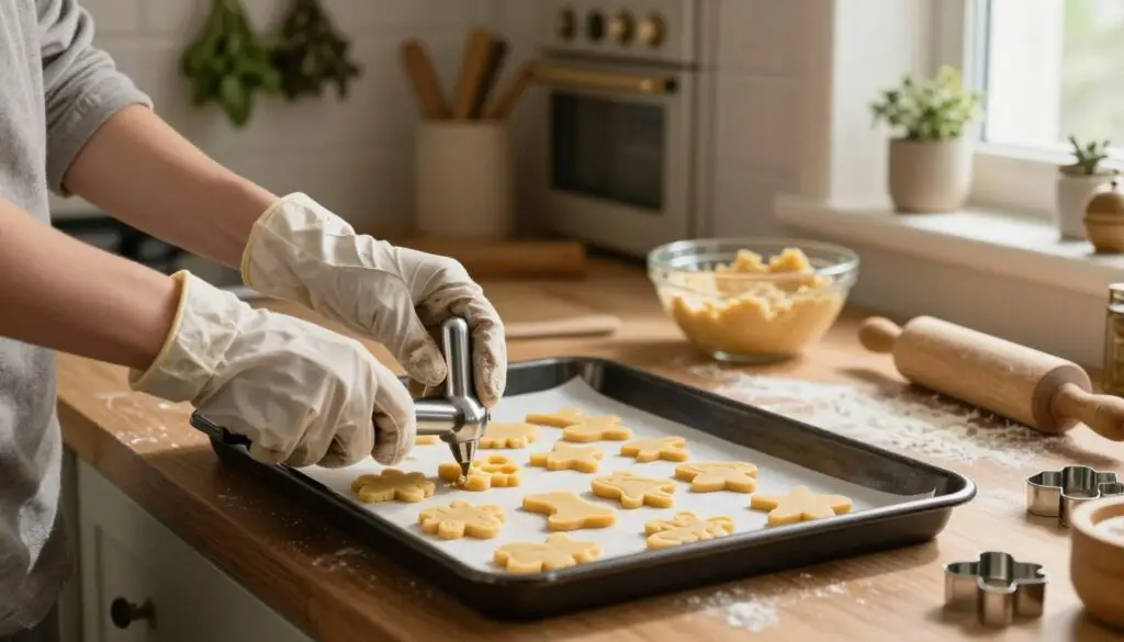 A cozy kitchen scene focused on the process of forming cookies using a traditional cookie press. In the foreground, a pair of hands, wearing modest, protective cooking gloves, firmly hold the cookie press, with dough being extruded in beautifully shaped forms onto a parchment-lined baking tray. The middle ground features a wooden countertop scattered with flour and cookie tools, such as a rolling pin and cookie cutter shapes, while a bowl of cookie dough sits invitingly nearby. The background showcases a warm, softly lit kitchen with hanging herbs and a vintage oven, creating a homey atmosphere. Natural light filters in through a window, casting gentle shadows, enhancing the inviting and delicious mood of this essential baking stage. A cozy kitchen scene focused on the process of forming cookies using a traditional cookie press. In the foreground, a pair of hands, wearing modest, protective cooking gloves, firmly hold the cookie press, with dough being extruded in beautifully shaped forms onto a parchment-lined baking tray. The middle ground features a wooden countertop scattered with flour and cookie tools, such as a rolling pin and cookie cutter shapes, while a bowl of cookie dough sits invitingly nearby. The background showcases a warm, softly lit kitchen with hanging herbs and a vintage oven, creating a homey atmosphere. Natural light filters in through a window, casting gentle shadows, enhancing the inviting and delicious mood of this essential baking stage.