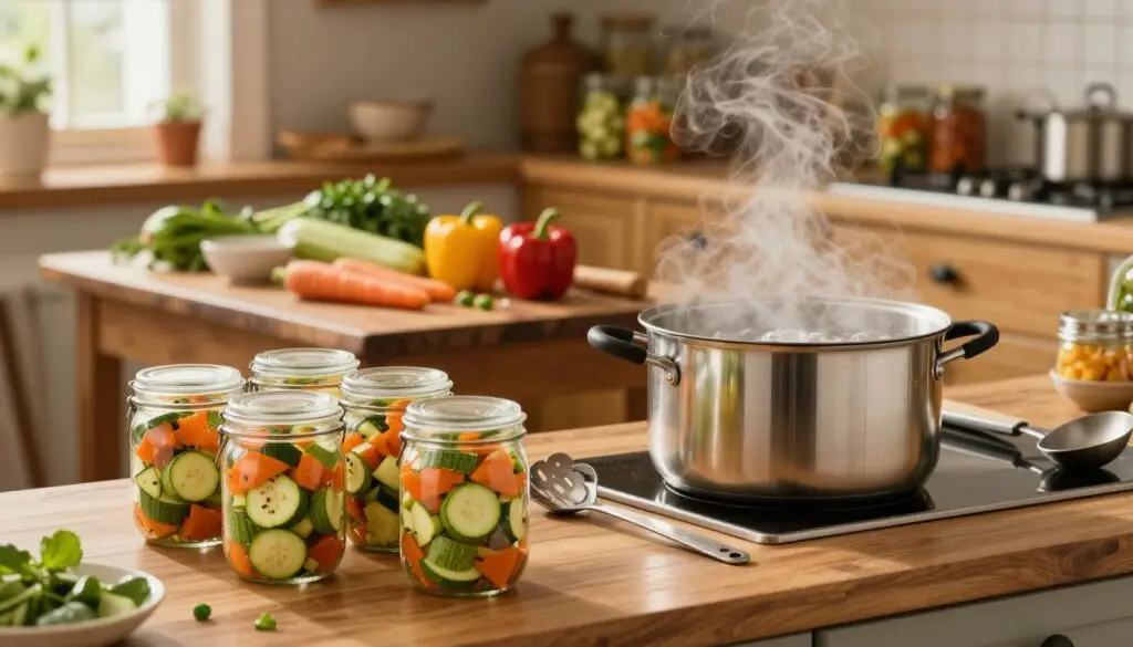 A cozy kitchen scene showcasing the process of jar pasteurization with zucchini salad. In the foreground, a wooden countertop with neatly arranged jars filled with vibrant, colorful zucchini salad, glistening in the warm light. A pot of boiling water is visible, steam rising gently, with kitchen utensils like a ladle and a set of tongs nearby. In the middle, a rustic kitchen table is adorned with various ingredients like fresh zucchini, carrots, bell peppers, and herbs, surrounded by small bowls and cutting tools. The background features warm wooden cabinets with jars lined up for storage, soft natural lighting filtering through a window, creating an inviting, homely atmosphere.