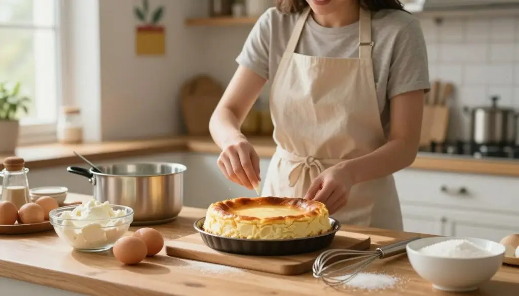 A cozy kitchen scene showcasing the step-by-step process of making a boiled cheesecake. In the foreground, a wooden countertop holds various ingredients: a bowl with cream cheese, eggs, sugar, and a whisk. A saucepan with simmering water is visible beside a mixing bowl. In the middle background, a smiling person wearing a light apron is carefully measuring ingredients, hands engaged in the preparation process, reflecting a warm and welcoming atmosphere. Soft, natural lighting enters through a window, casting a pleasant glow on the scene. The walls are adorned with cheerful kitchen decor, creating a homely ambiance, inviting viewers into the art of cooking. No text or distractions are present in the image.