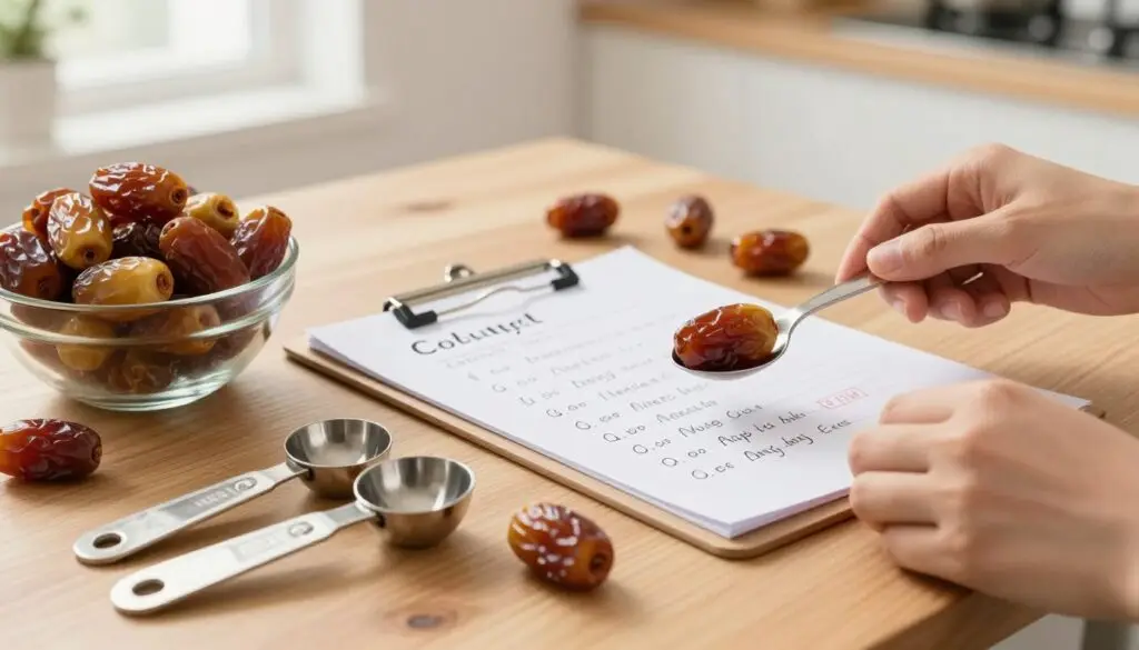 A cozy kitchen scene with a wooden table, featuring a bowl of fresh, plump dates, showcasing various sizes and colors. In the foreground, a set of measuring spoons made of stainless steel, illustrating the process of measuring dates without a scale. A pair of hands gently scooping dates with a spoon, displaying the careful handling of the fruit. In the middle, a clipboard with a handwritten note outlining the counting method, surrounded by scattered dates, emphasizing the counting process. The background is softly lit with warm, natural light coming from a window, enhancing the inviting atmosphere of the kitchen. The overall mood is informative and encouraging, perfect for understanding how to measure dates creatively.