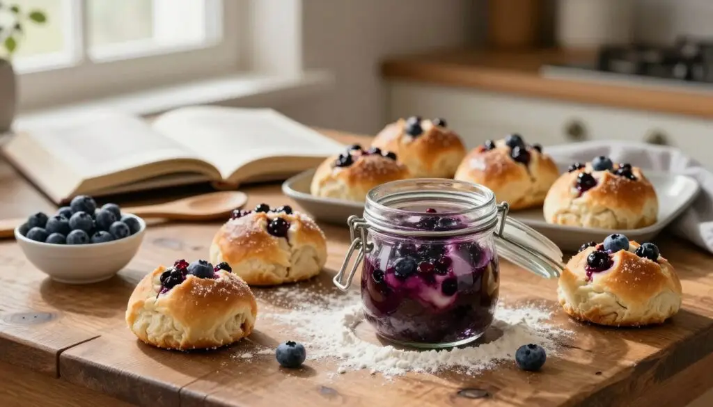 A cozy kitchen setting featuring an assortment of homemade jagodzianek (Blueberry Buns) artfully arranged on a rustic wooden table. In the foreground, a delicate glass jar filled with freshly baked jagodzianek, moments away from being sealed for storage, surrounded by a sprinkle of flour and a small bowl of blueberries. In the middle ground, wooden utensils, and a cookbook opened to a recipe page for inspiration. The background showcases soft, warm lighting filtering through a nearby window, casting gentle shadows that enhance the homey atmosphere. The focus is sharp on the buns, with a slight blur around the edges to create depth, evoking a sense of comfort and nostalgia, perfect for illustrating the key points of storage and recipe variations.