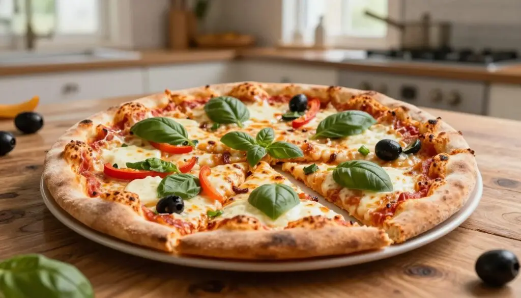 A delicious 32 cm homemade pizza displayed prominently in the foreground, cut into generous, mouth-watering slices. Each slice showcases vibrant toppings like melting mozzarella cheese, fresh basil leaves, and colorful vegetables such as red pepper and black olives. The pizza rests on a rustic wooden table, surrounded by a soft, warm light that enhances the textures of the crust and ingredients. In the background, a cozy kitchen setting adds to the inviting atmosphere, with blurred hints of cooking utensils and a soft-focus window letting in natural light. The overall mood conveys a sense of hominess and comfort, perfect for illustrating the topic of homemade food. Shoot from a slightly elevated angle to capture the pizza's details effectively.