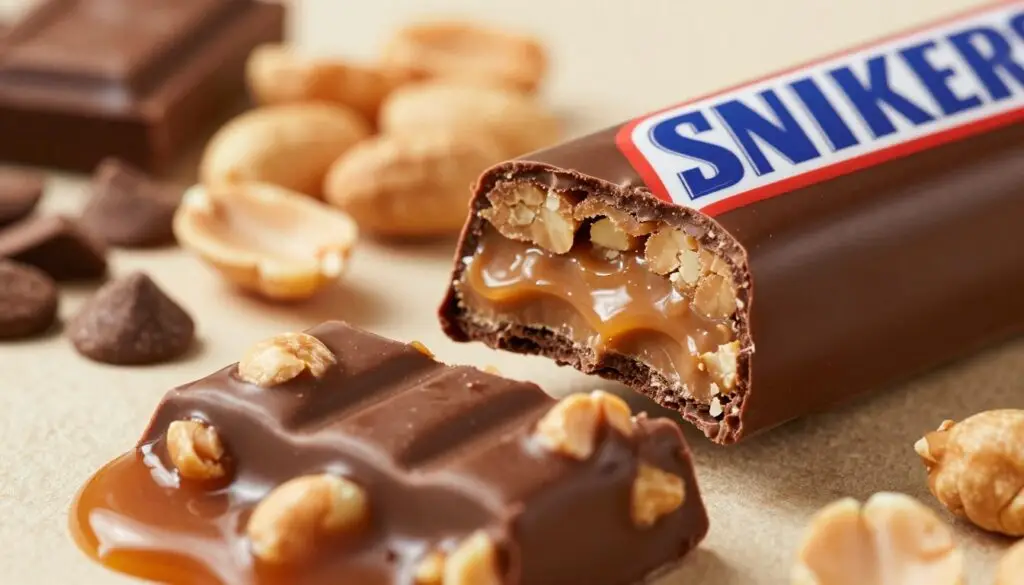 A detailed close-up of the ingredients of a Snickers Mini bar. In the foreground, show a rich, smooth layer of dark chocolate, with glistening caramel and crunchy peanuts peeking through. The middle ground features a cross-section of the bar, highlighting the creamy nougat and the layers of textures within. In the background, softly blurred, include the raw ingredients like chocolate chips, roasted peanuts, and caramel sauce artfully arranged. The lighting is warm and inviting, creating a cozy atmosphere, with a focus on the glossy sheen of the chocolate. The angle is slightly tilted to emphasize the layers, giving depth to the image while keeping it mouthwatering and appealing. No text or watermarks present.