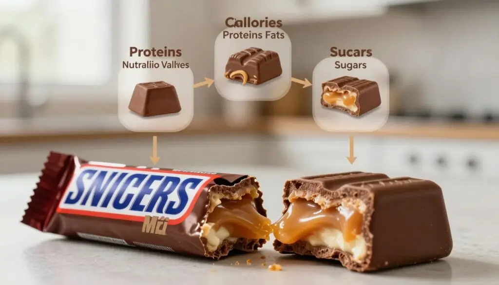 A detailed close-up view of a Snickers Mini bar, dissected to showcase its nutritional components. The foreground features the half-cut Snickers with visible layers of nougat, caramel, and chocolate, highlighting textures and ingredients. In the middle background, display an infographic-style breakdown of nutritional values such as calories, proteins, fats, and sugars, elegantly arranged around the Snickers, without any text or labels. The background includes a subtle kitchen countertop with a blurred soft light illuminating the scene from a window, creating a warm and inviting atmosphere. The entire composition should convey a sense of informative professionalism, ideal for an educational article on nutrition. Use a macro lens effect to enhance the details, ensuring clarity and focus on the candy's components.