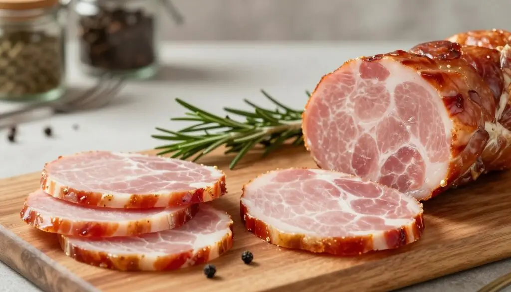 A detailed comparison image featuring slices of poultry ham on one side and pork ham on the other, showcasing their differences in texture and color. The foreground displays the two types of ham artfully arranged on a wooden cutting board, glistening under soft, natural lighting that highlights their glistening surfaces. In the middle ground, include a few herbs and seasonings like rosemary and black pepper to suggest flavor profiles. The background should be a blurred kitchen setting with rustic elements like jars and utensils to create a warm, inviting atmosphere. The composition emphasizes the comparison, aiming for a clear, appetizing representation of each type of ham, suitable for a nutritional article.
